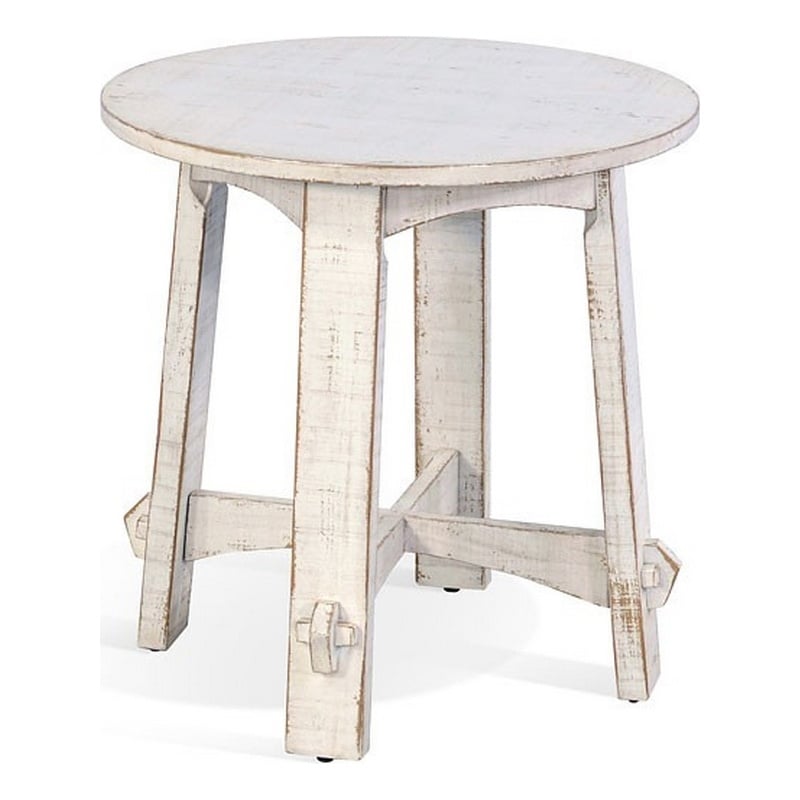 Rena Rustic Side End Table- X Legs- 24in Round- Distressed White Wood