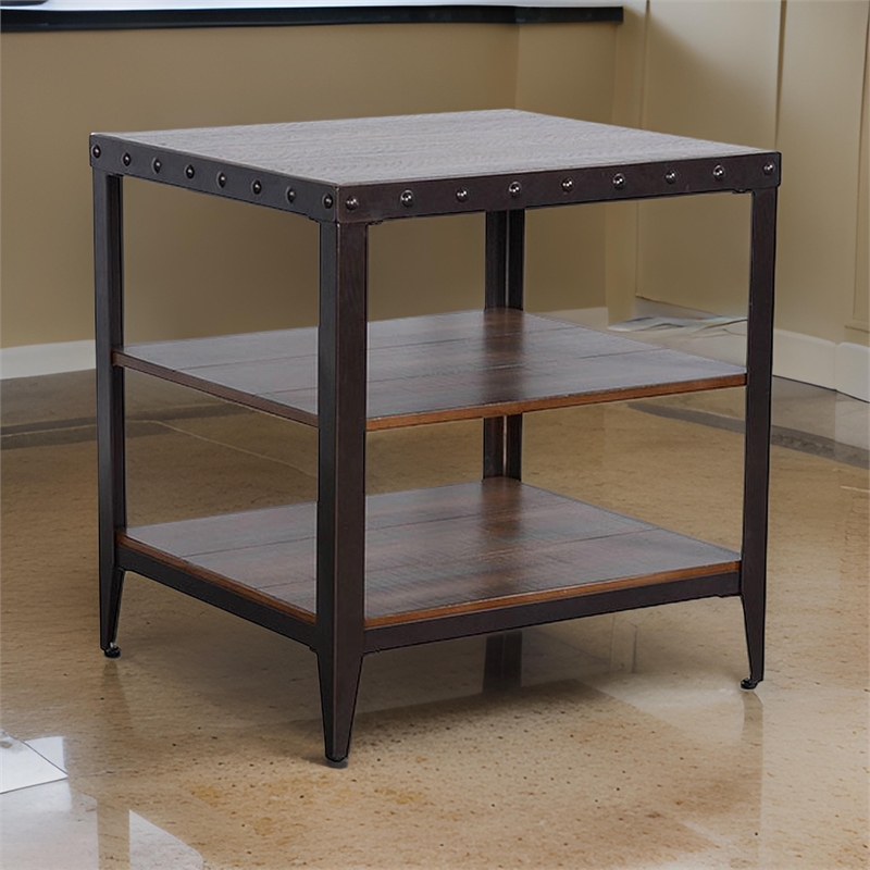 Ayka Side End Table w 2 Shelf- Nailhead- 24 Inch Rectangular Brown