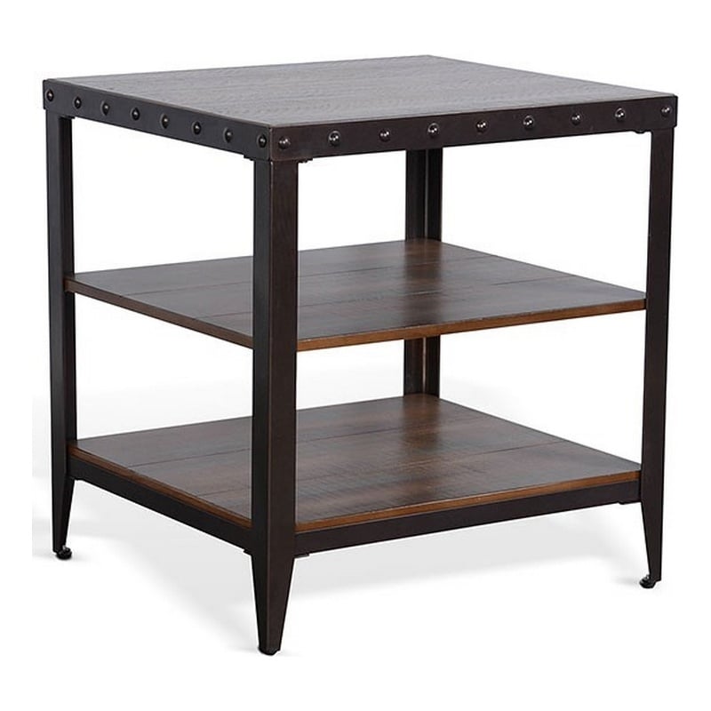 Ayka Side End Table w 2 Shelf- Nailhead- 24 Inch Rectangular Brown