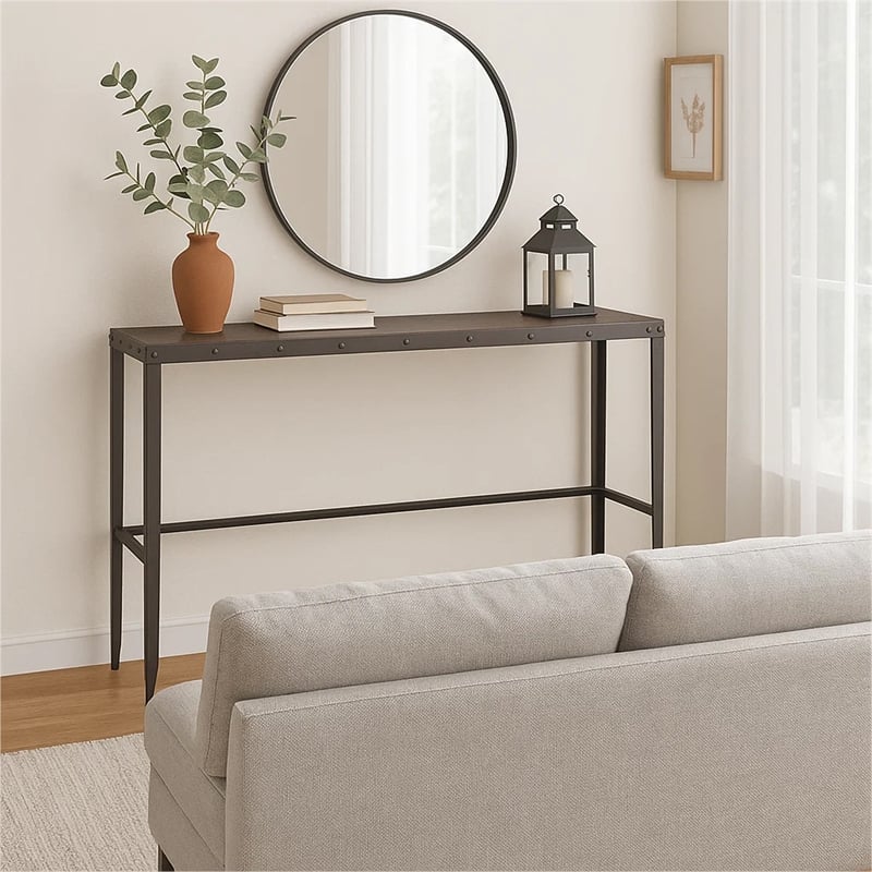 Ayka Sofa Bar Table w Nailhead Accent- 60 Inch Rectangular Brown Wood