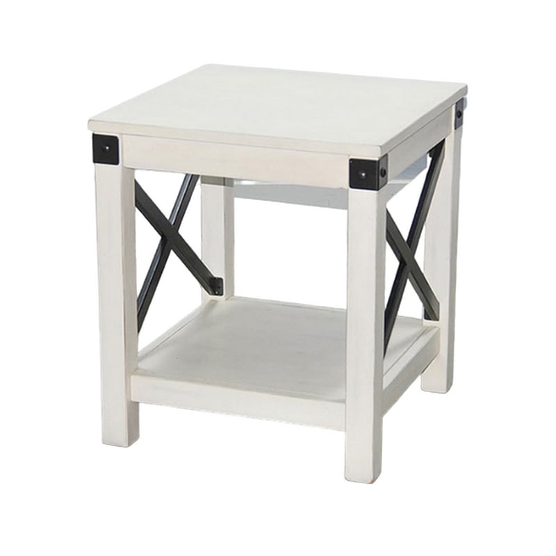 Sime Side End Table w Shelf- X Panel- 20 Inch Square Off White Wood