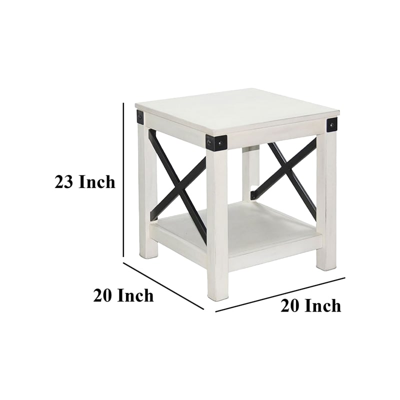Sime Side End Table w Shelf- X Panel- 20 Inch Square Off White Wood