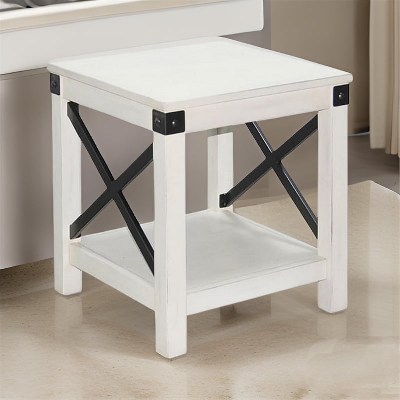 Sime Side End Table w Shelf- X Panel- 20 Inch Square Off White Wood