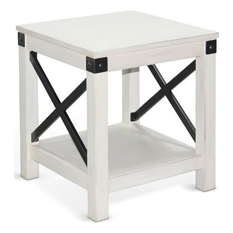 Sime Side End Table w Shelf- X Panel- 20 Inch Square Off White Wood