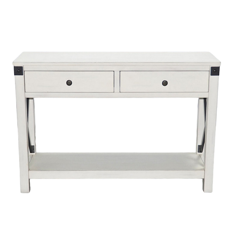 Sime Sofa Table w Shelf- 2 Drawers- 44 Inch Rectangular Off White Wood
