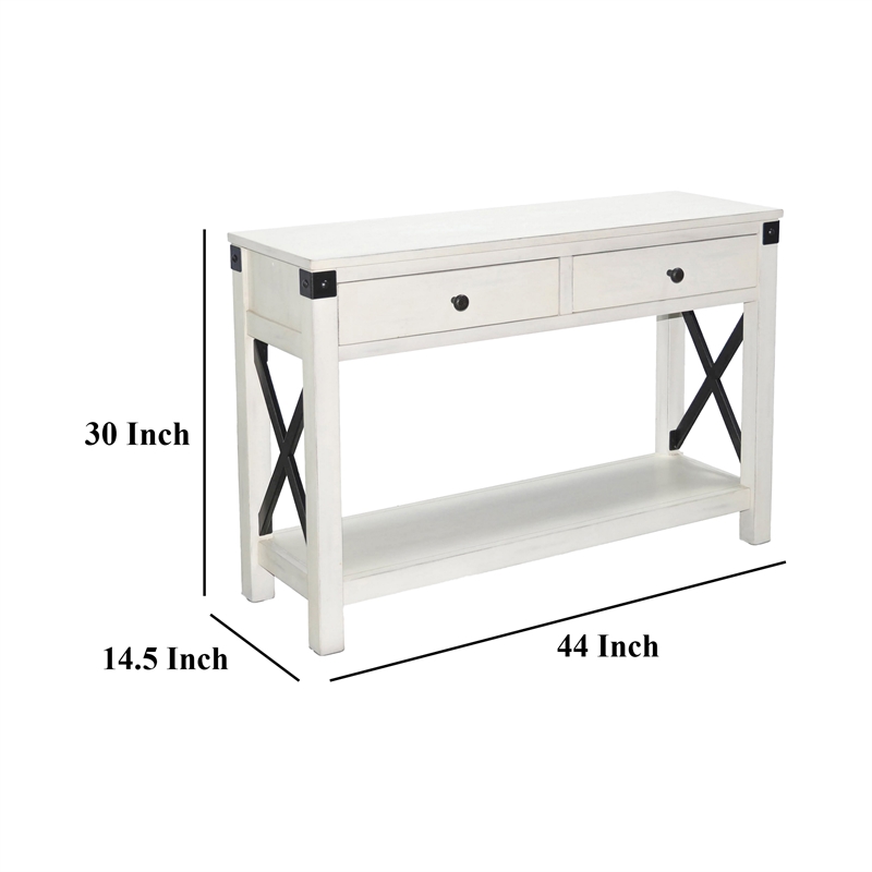 Sime Sofa Table w Shelf- 2 Drawers- 44 Inch Rectangular Off White Wood