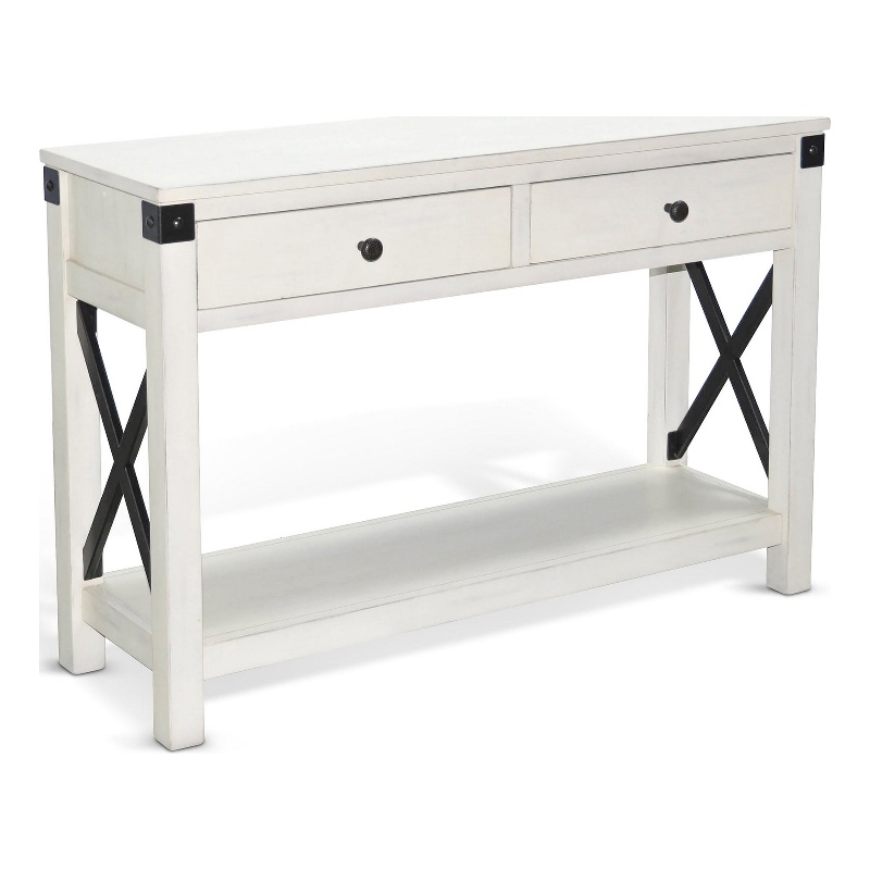 Sime Sofa Table w Shelf- 2 Drawers- 44 Inch Rectangular Off White Wood