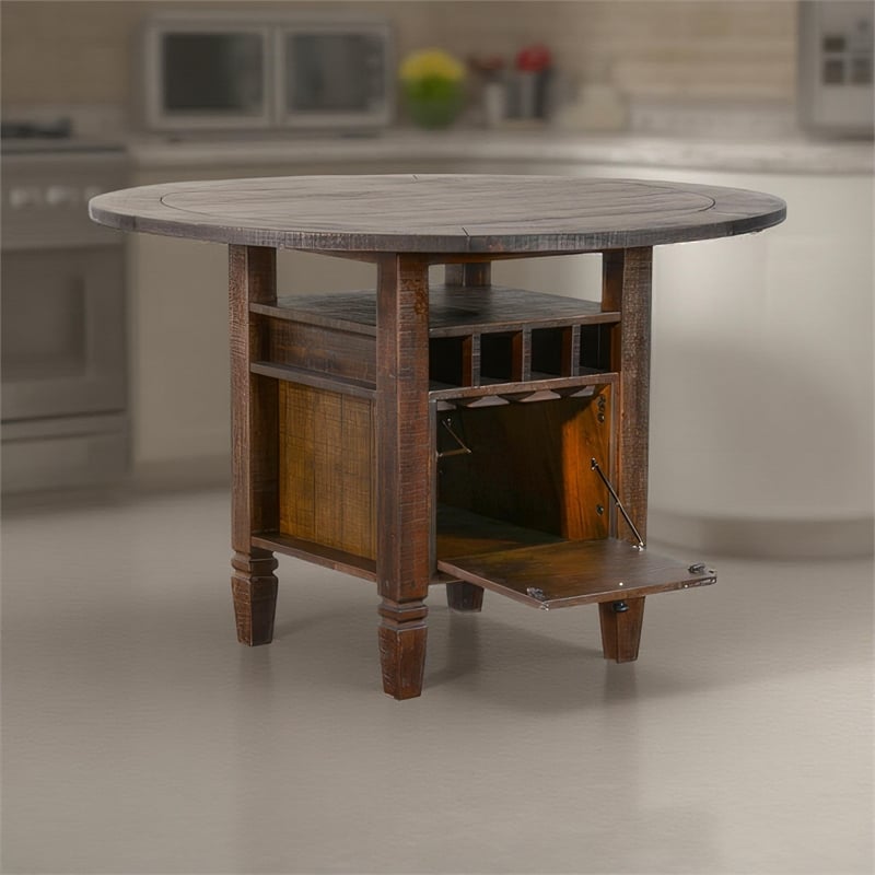 Flint Counter Height Table- 54 Inch Round- Brown Storage Pedestal Base