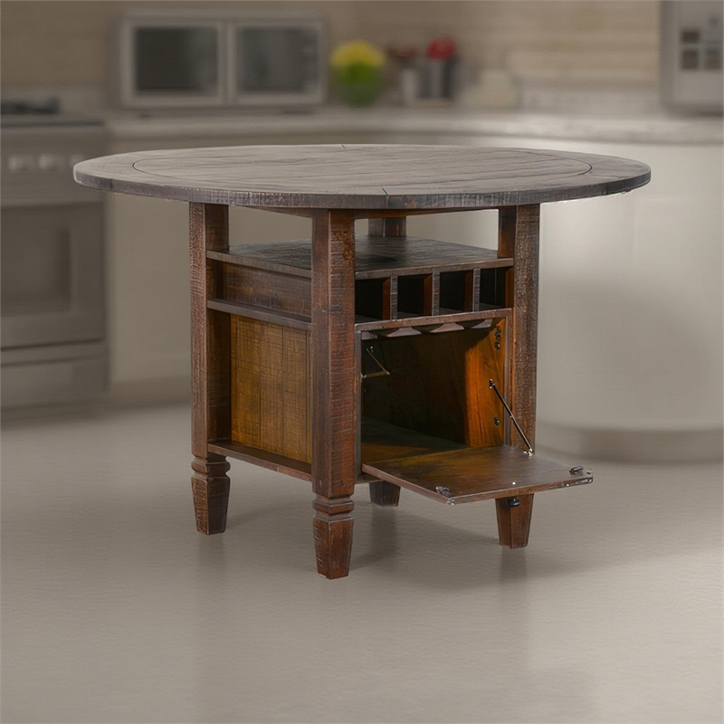 Flint Counter Height Table- 54 Inch Round- Brown Storage Pedestal Base
