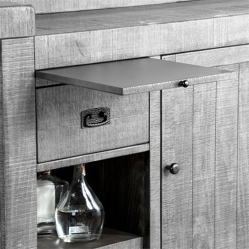 Zeka Freestanding Bar Table- Pull Out Tray- 80 Inch Top- Gray Wood