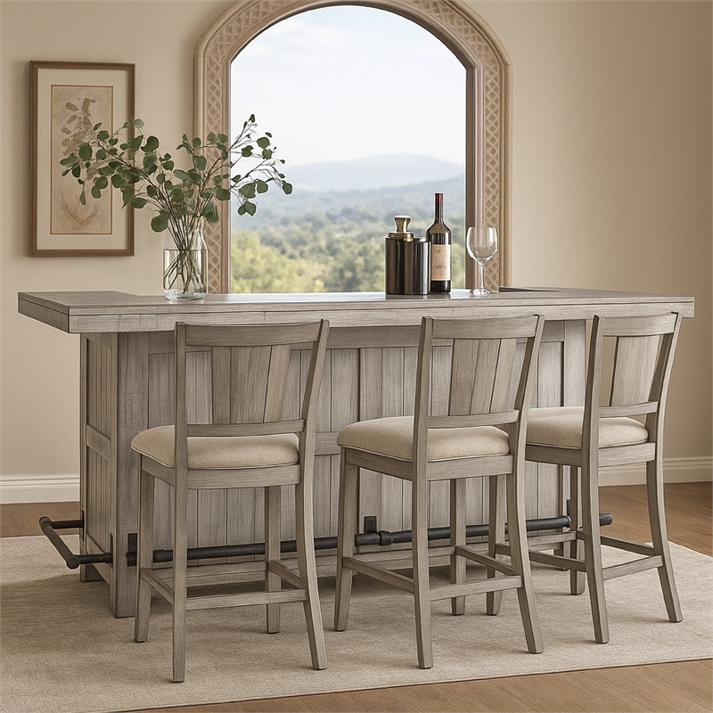 Zeka Freestanding Bar Table- Pull Out Tray- 80 Inch Top- Gray Wood