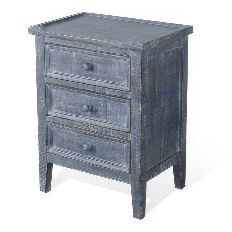 Rena Side End Table with 3 Drawers- 19 Inch Rustic Blue Mahogany Wood