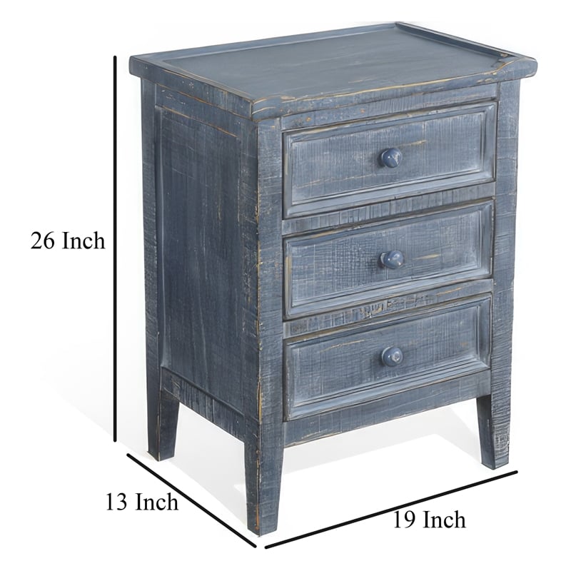 Rena Side End Table with 3 Drawers- 19 Inch Rustic Blue Mahogany Wood