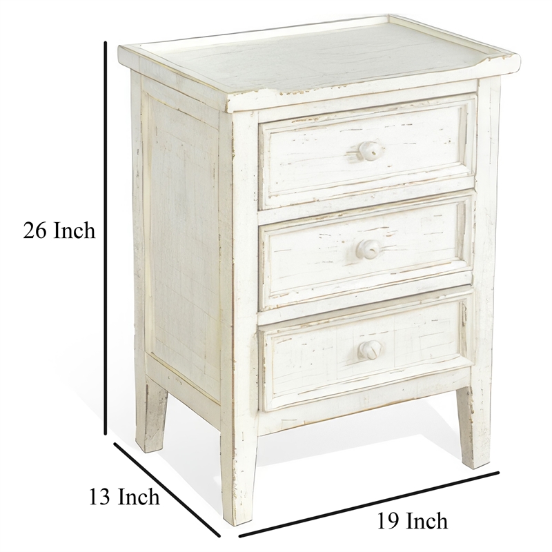 Rena Side End Table with 3 Drawers- 19 Inch Rustic White Mahogany Wood