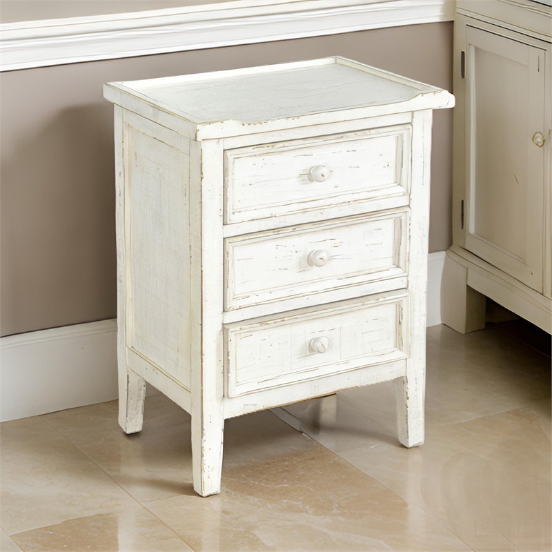 Rena Side End Table with 3 Drawers- 19 Inch Rustic White Mahogany Wood