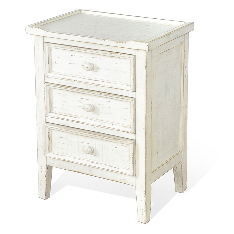 Rena Side End Table with 3 Drawers- 19 Inch Rustic White Mahogany Wood