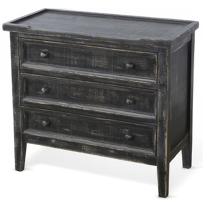 Rena Side End Table with 3 Drawers- 28 Inch Rustic Black Mahogany Wood
