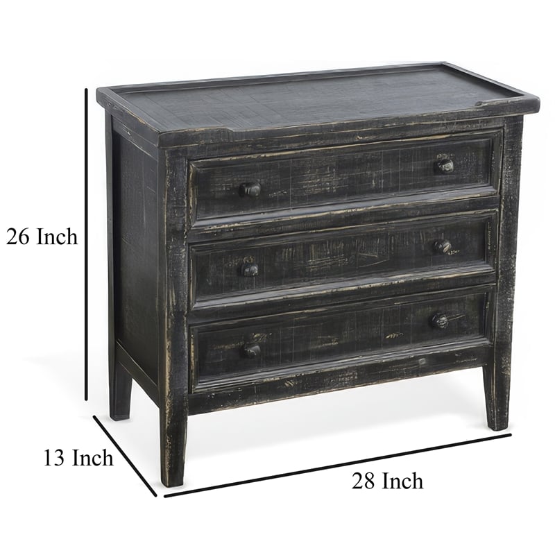 Rena Side End Table with 3 Drawers- 28 Inch Rustic Black Mahogany Wood