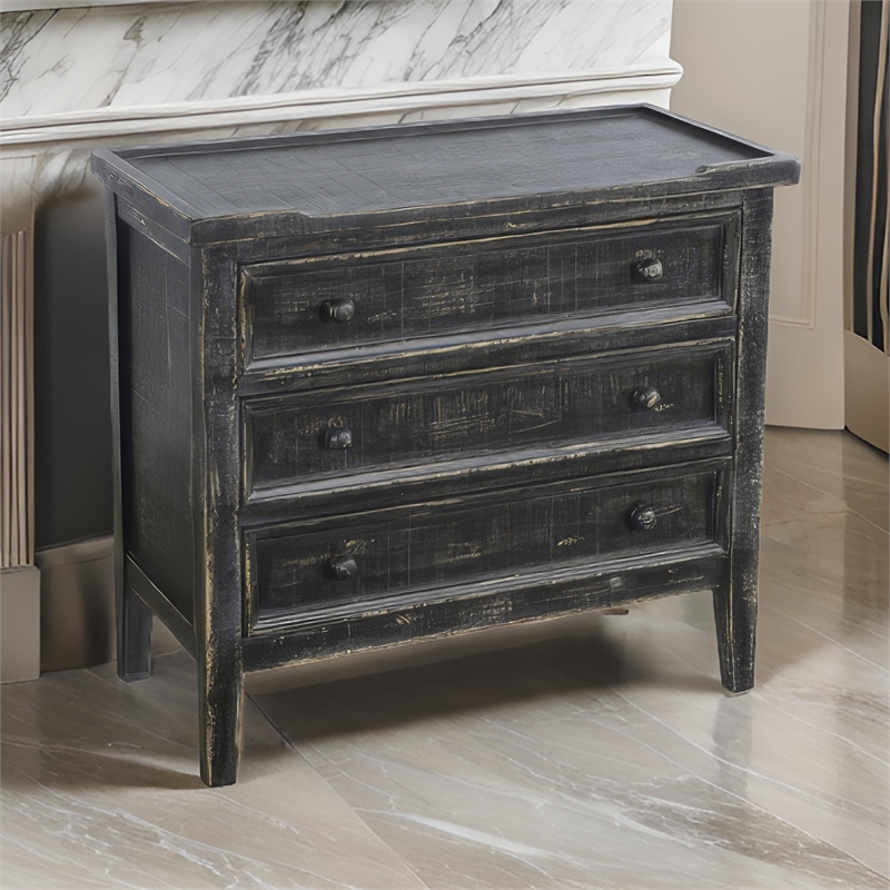 Rena Side End Table with 3 Drawers- 28 Inch Rustic Black Mahogany Wood
