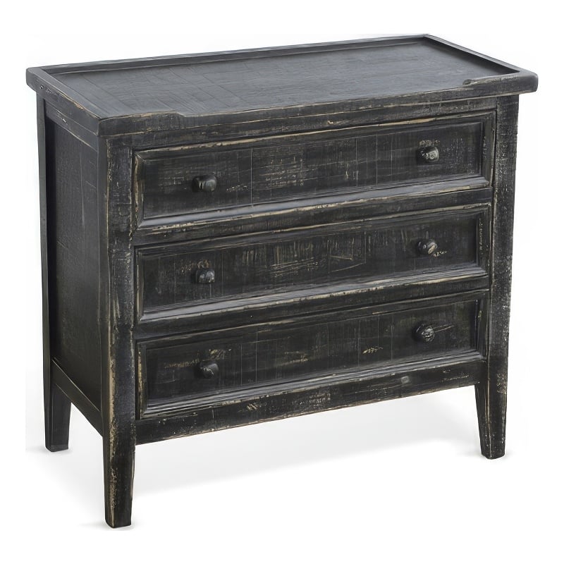 Rena Side End Table with 3 Drawers- 28 Inch Rustic Black Mahogany Wood