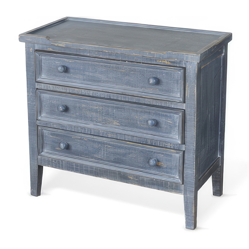 Rena Side End Table with 3 Drawers- 28 Inch Rustic Blue Mahogany Wood