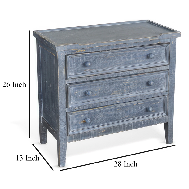 Rena Side End Table with 3 Drawers- 28 Inch Rustic Blue Mahogany Wood