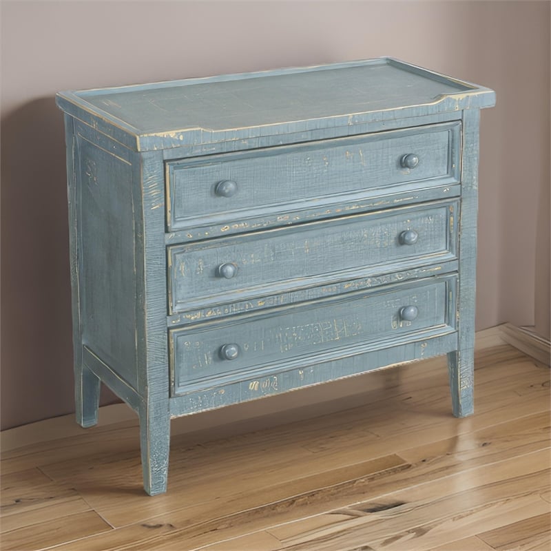 Rena Side End Table with 3 Drawers- 28 Inch Rustic Green Mahogany Wood