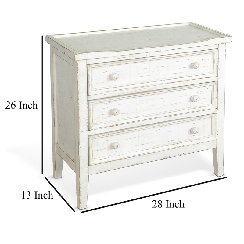 Rena Side End Table with 3 Drawers- 28 Inch Rustic White Mahogany Wood