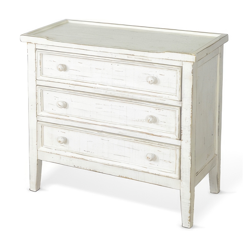 Rena Side End Table with 3 Drawers- 28 Inch Rustic White Mahogany Wood