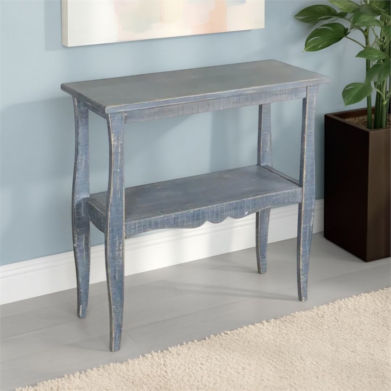 Rena Side End Table- Scallop Trim- 28 Inch Distressed Blue Mahogany