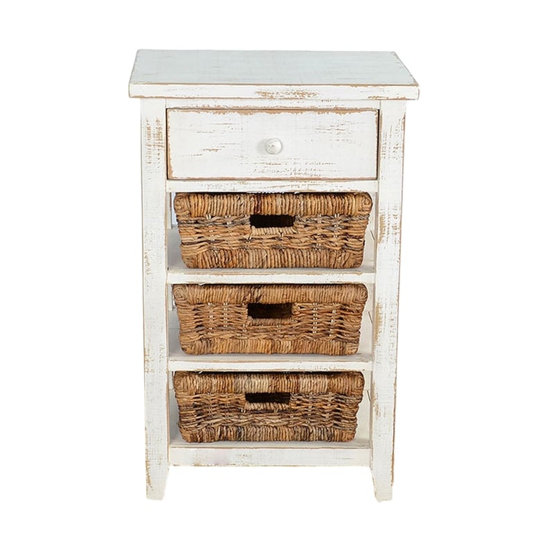 Rena End Table- 3 Natural Rattan Storage Baskets- 20 Inch White Wood