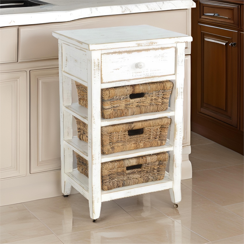 Rena End Table- 3 Natural Rattan Storage Baskets- 20 Inch White Wood