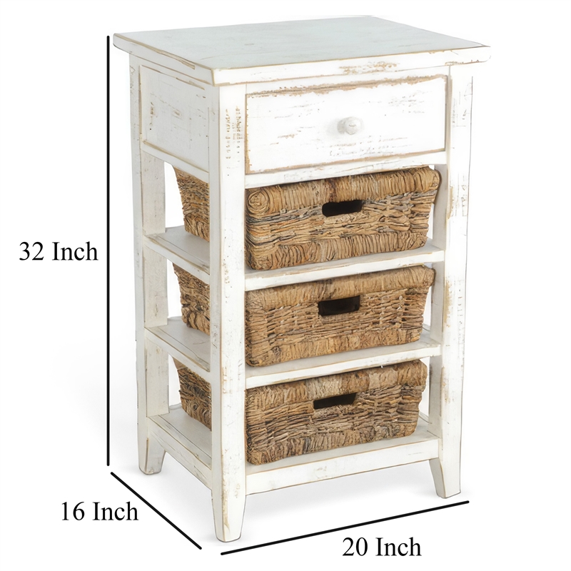 Rena End Table- 3 Natural Rattan Storage Baskets- 20 Inch White Wood