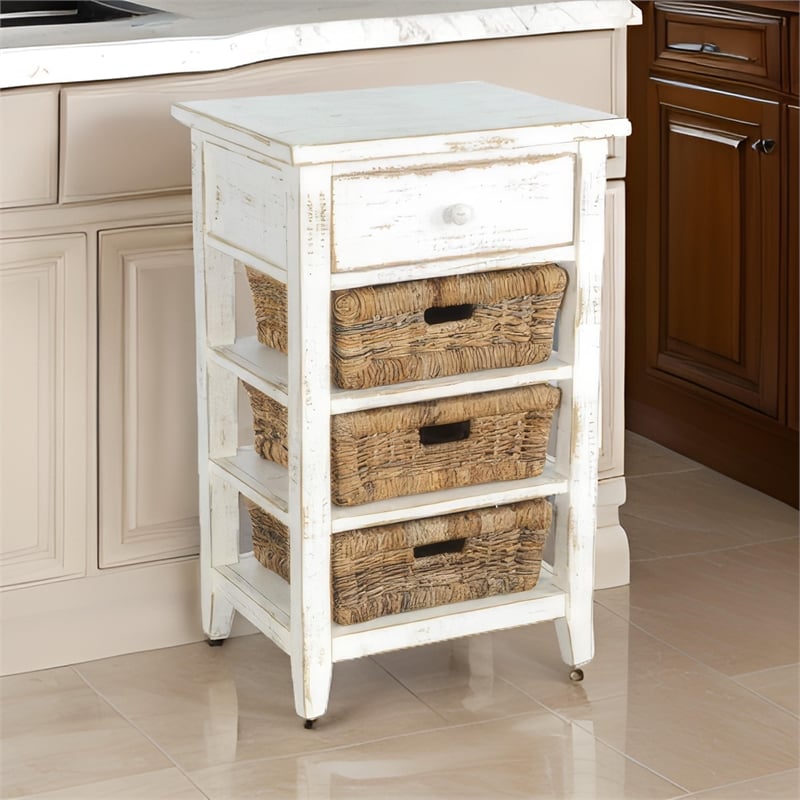 Rena End Table- 3 Natural Rattan Storage Baskets- 20 Inch White Wood