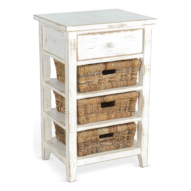 Rena End Table- 3 Natural Rattan Storage Baskets- 20 Inch White Wood