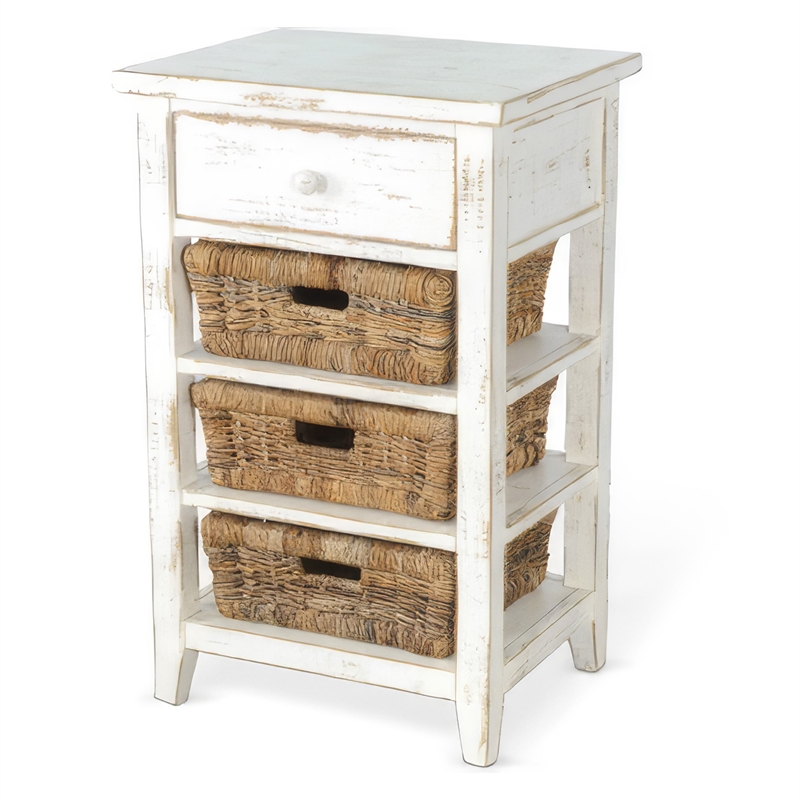 Rena End Table- 3 Natural Rattan Storage Baskets- 20 Inch White Wood