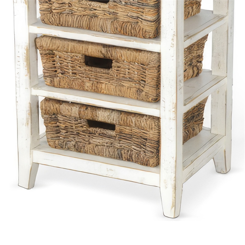 Rena End Table- 3 Natural Rattan Storage Baskets- 20 Inch White Wood