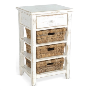 Rena End Table- 3 Natural Rattan Storage Baskets- 20 Inch White Wood