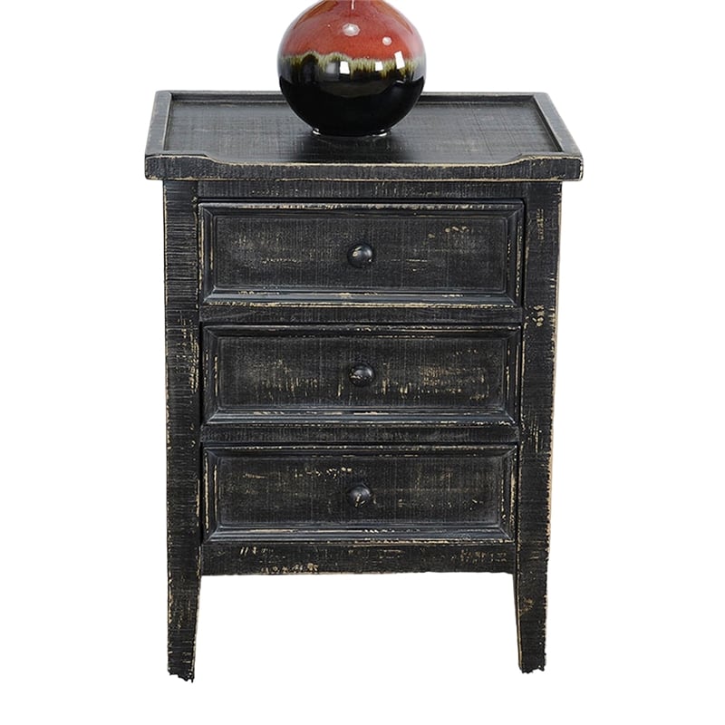 Rena End Table with 3 Drawers- 19 Inch Distressed Black Mahogany Wood