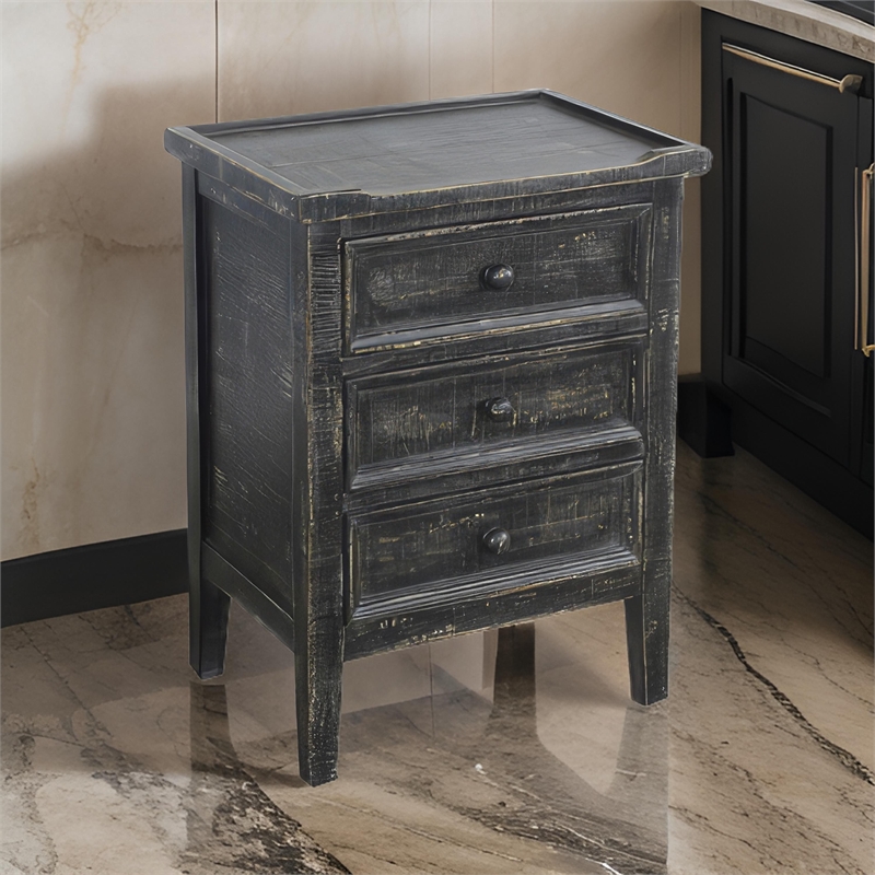 Rena End Table with 3 Drawers- 19 Inch Distressed Black Mahogany Wood