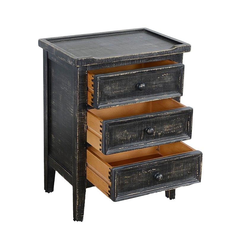 Rena End Table with 3 Drawers- 19 Inch Distressed Black Mahogany Wood