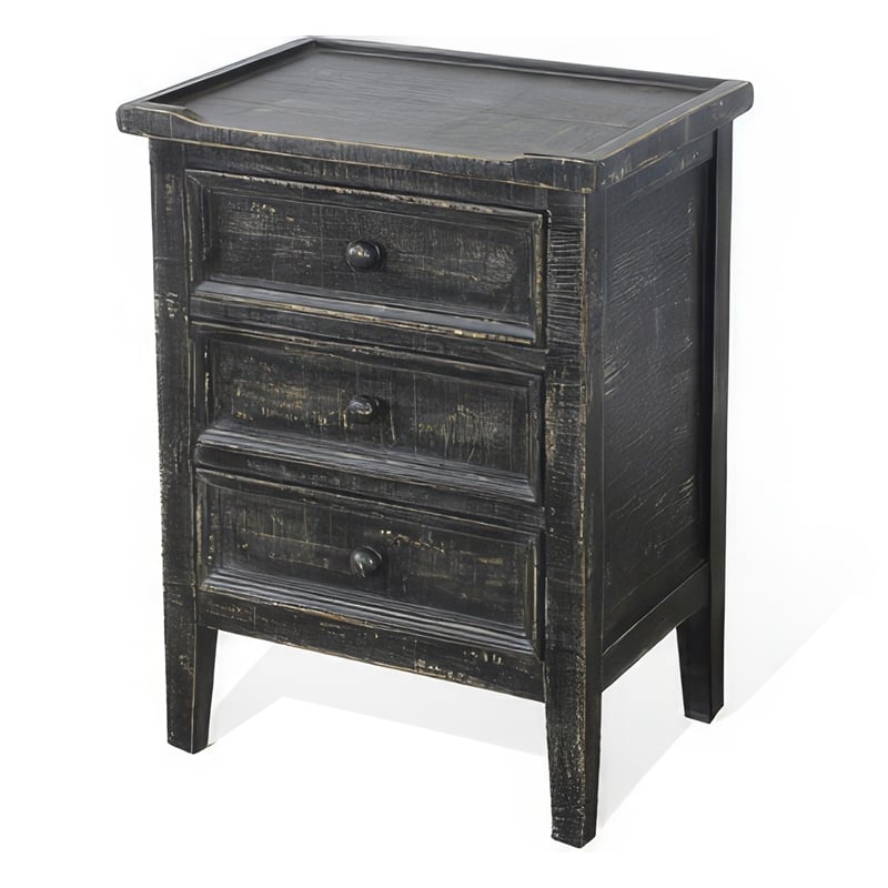 Rena End Table with 3 Drawers- 19 Inch Distressed Black Mahogany Wood