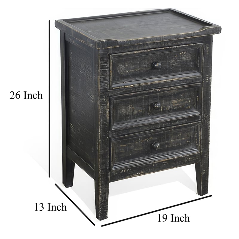 Rena End Table with 3 Drawers- 19 Inch Distressed Black Mahogany Wood