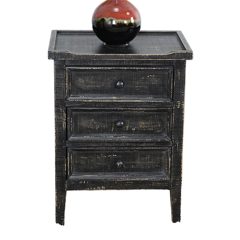 Rena End Table with 3 Drawers- 19 Inch Distressed Black Mahogany Wood