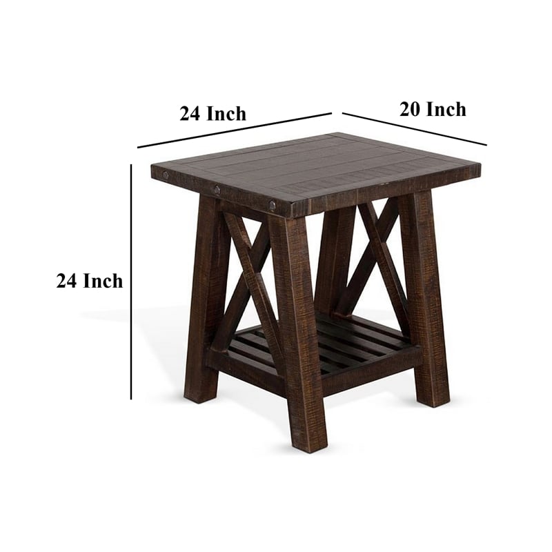 Anva Side End Table- Dark Brown Mahogany- Shelf- Rectangular 24 Inch