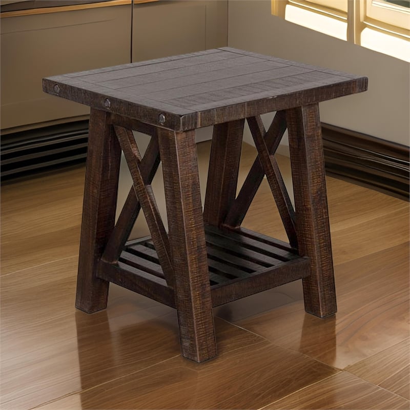 Anva Side End Table- Dark Brown Mahogany- Shelf- Rectangular 24 Inch