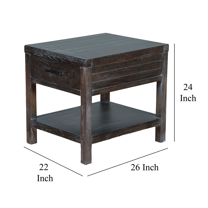 Nikay Side End Table- 1 Drawer- Shelf- Dark Brown Mindi Wood- 26 Inch