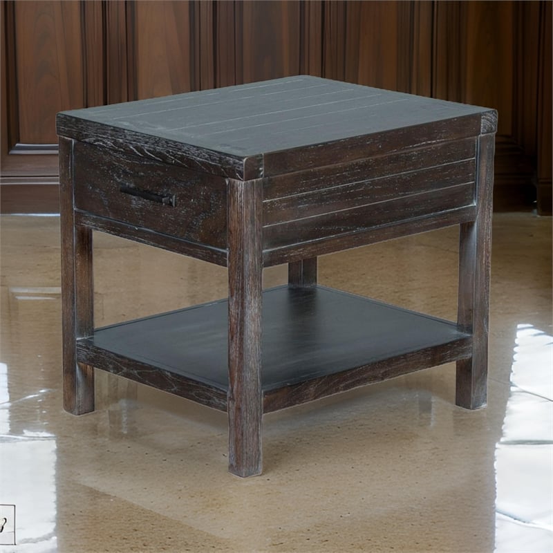 Nikay Side End Table- 1 Drawer- Shelf- Dark Brown Mindi Wood- 26 Inch