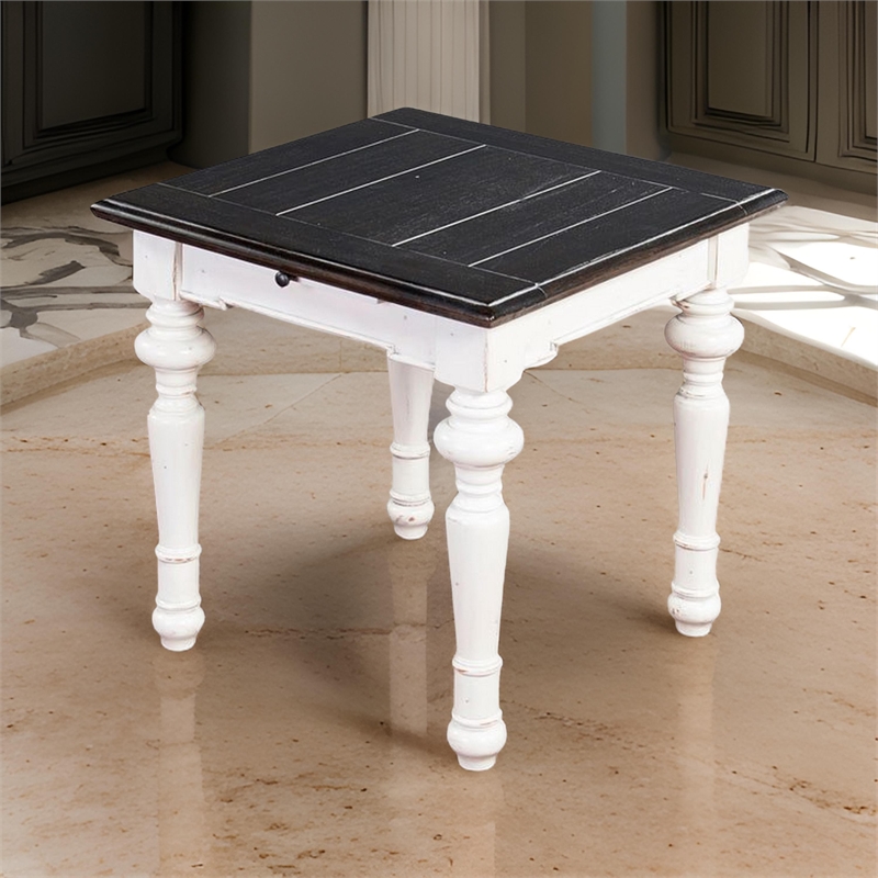 Kiyan End Table- 1 Drawer- Off White- Dark Brown Mahogany- 24 Inch