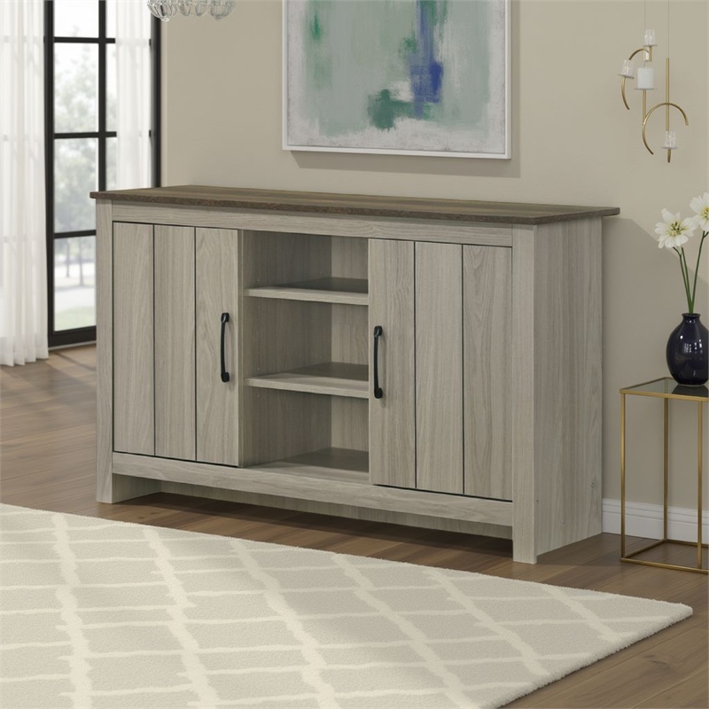 Nena Console Table with 3 Shelves and 2 Cabinet Doors- Gray Wood